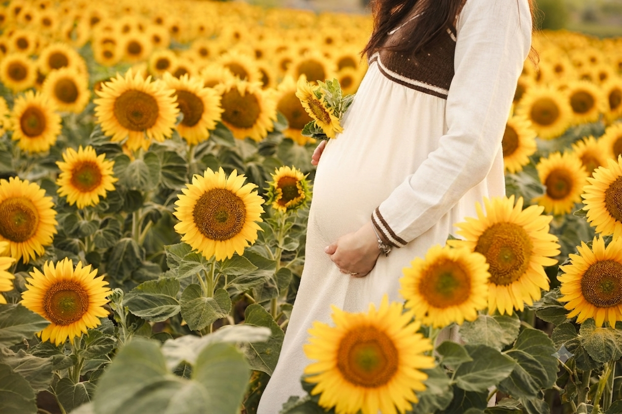 Femme enceinte dans un champ de tournesols